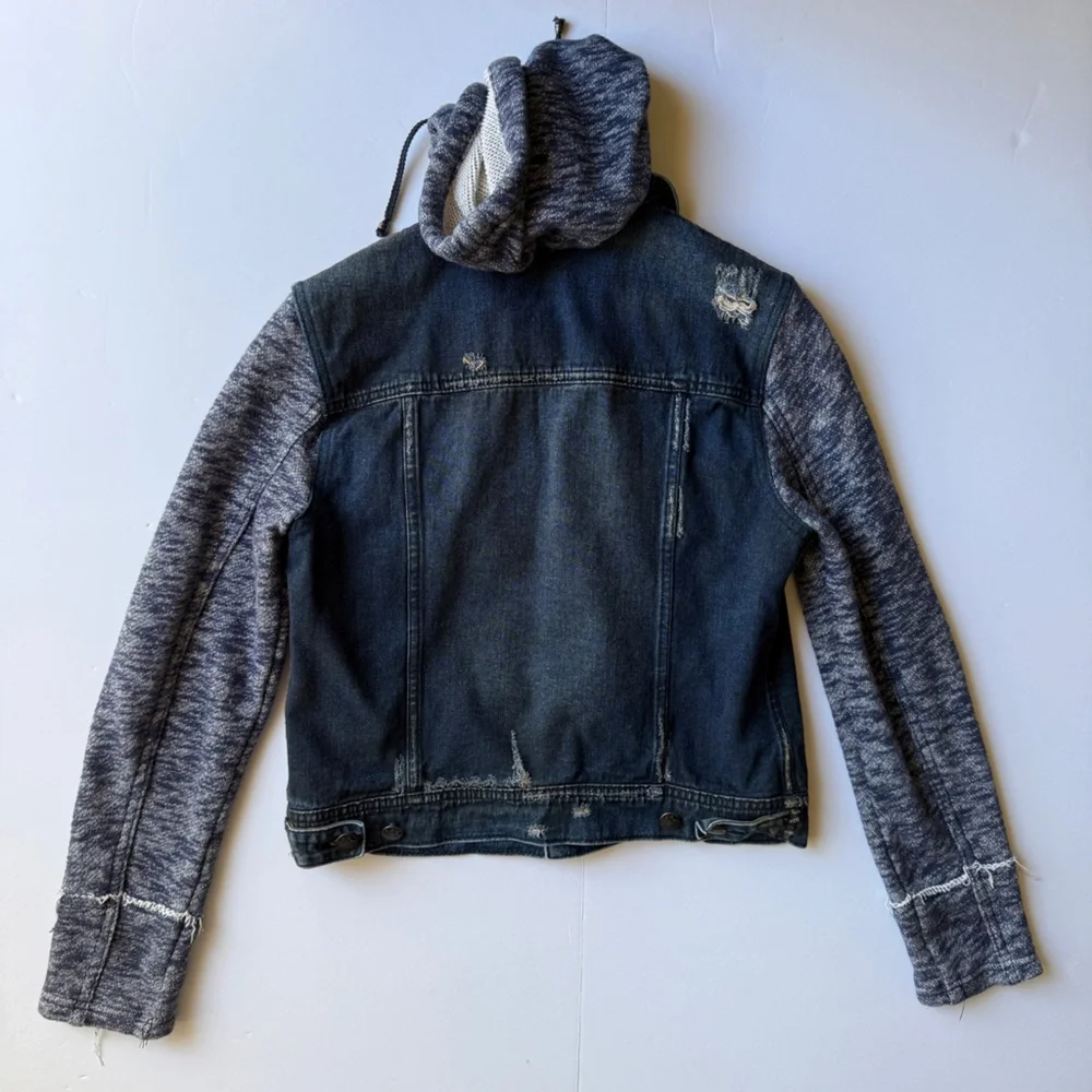 Free People Dark Denim Jean Jacket with Heathered Gray Knit Sleeves